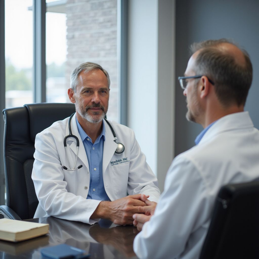 Two doctors in white coats consult at a desk. One has a stethoscope.
