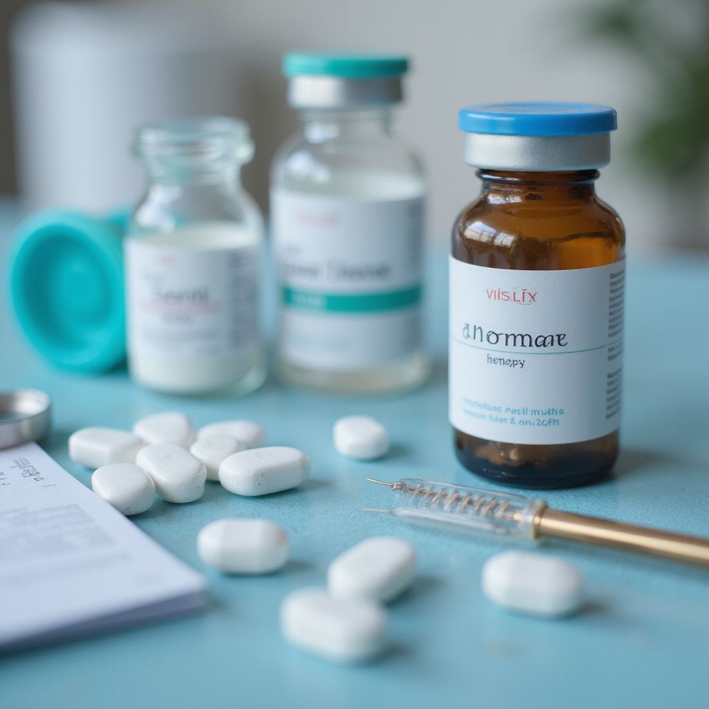 Medication bottles, pills, and a syringe on a blue surface.