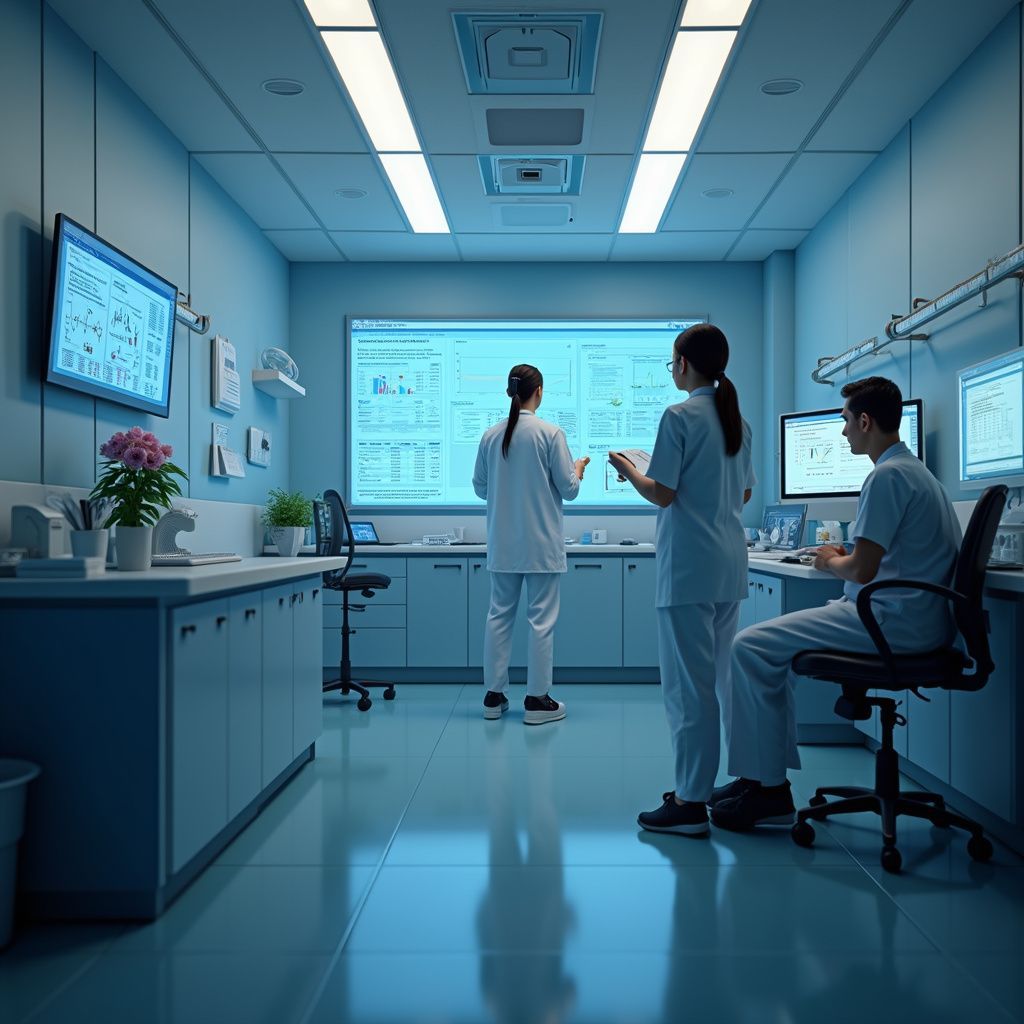 Medical team in lab analyzing data on large screen, two women, one man, blue tones.