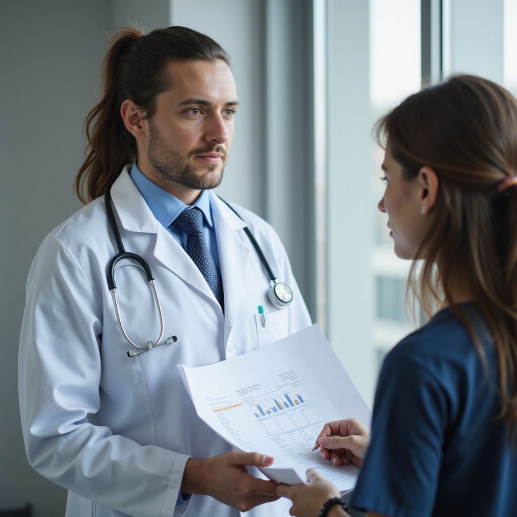 Doctor in white coat with stethoscope consults with a woman, reviewing medical charts.