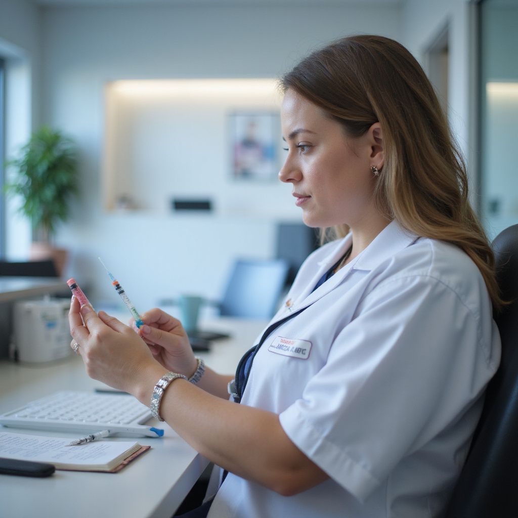 Woman in white lab coat holding syringes, looking at them in an office setting.