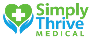 Logo of Simply Thrive Medical, featuring a heart with a cross, hands, and text in green and blue.
