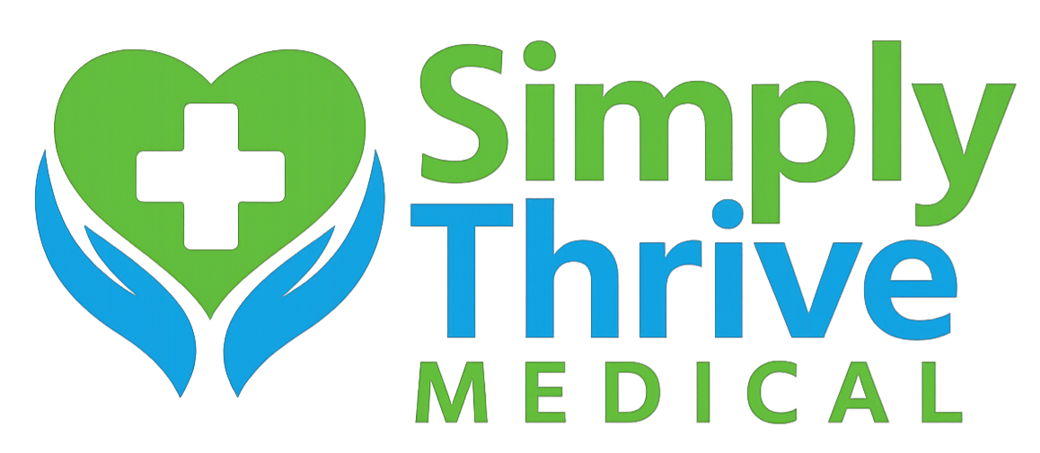Logo of Simply Thrive Medical, featuring a heart with a cross, hands, and text in green and blue.