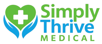 Logo of Simply Thrive Medical, featuring a heart with a cross, hands, and text in green and blue.