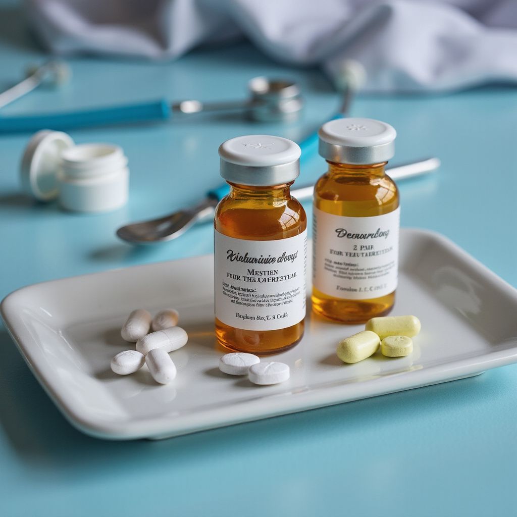 Two vials of amber liquid and pills on a white tray, dental tools, and a small jar against a blue backdrop.