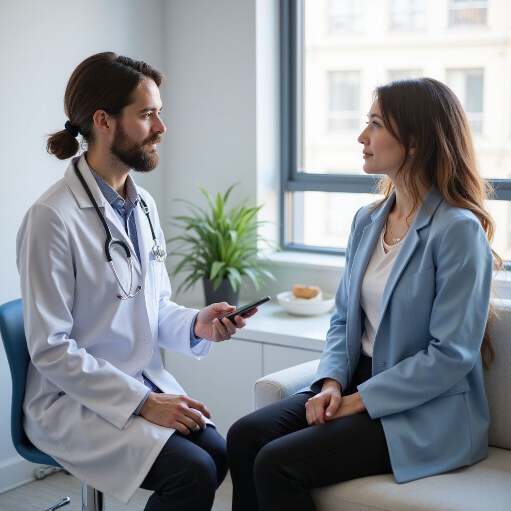 Doctor in white coat with stethoscope consults with woman in a blue blazer by a window.