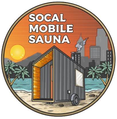 the logo for socal mobile sauna shows a tiny house on wheels on a beach .