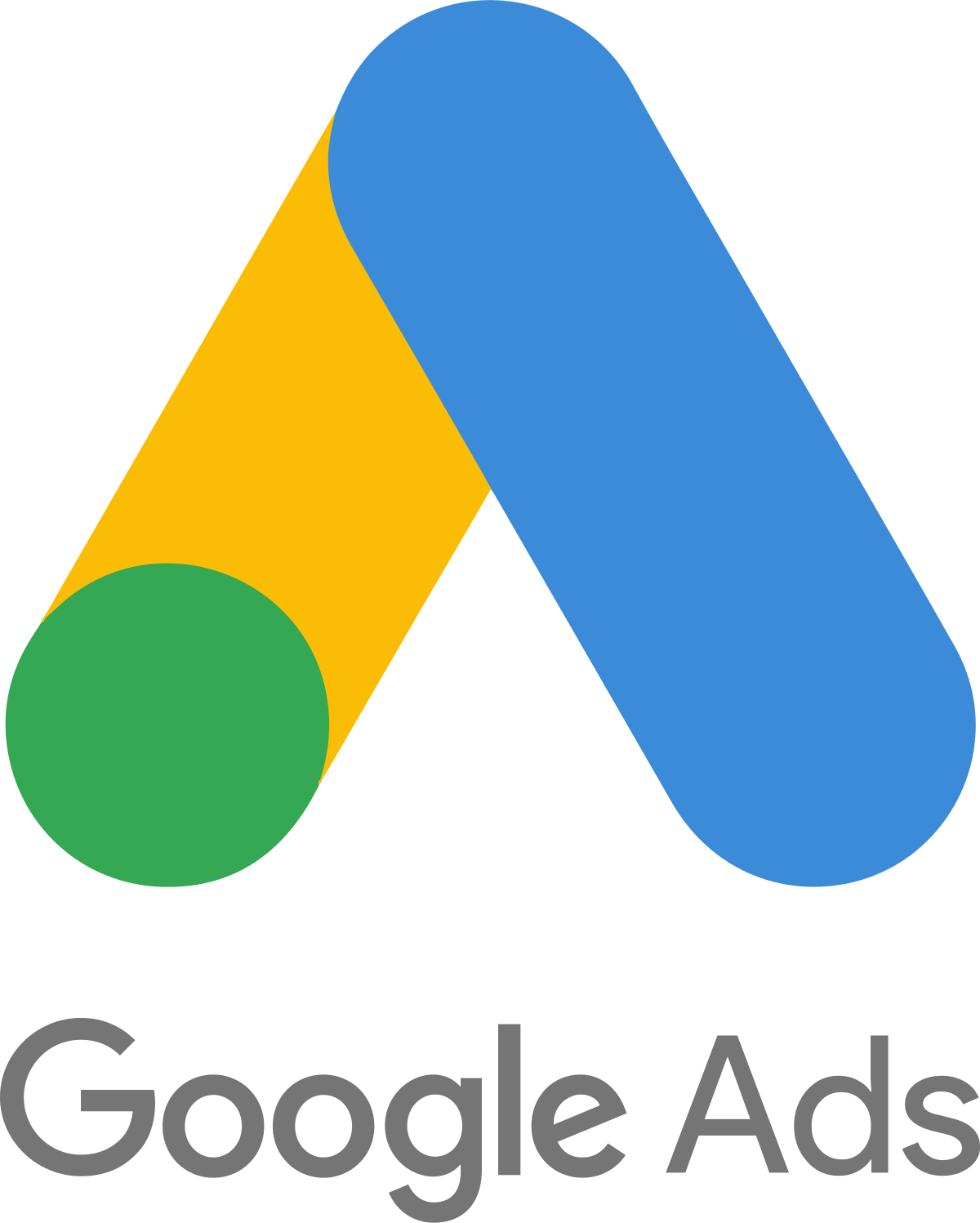 The google ads logo is blue , yellow , and green.