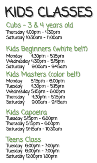 a list of classes for kids beginners , kids masters , teens , ladies and capoeira adults