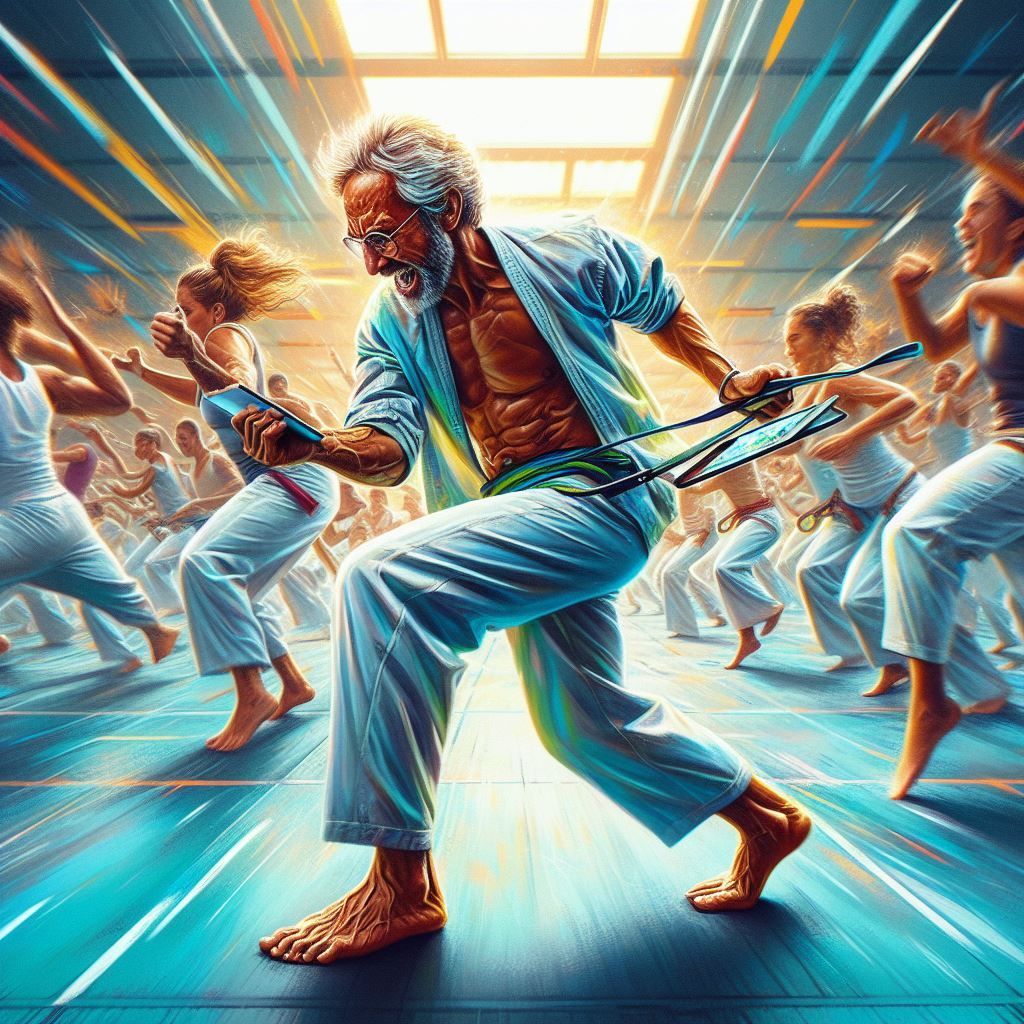 a painting of a man dancing in front of a group of people .