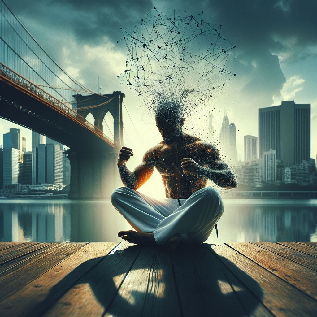 a man is sitting in a lotus position in front of a bridge