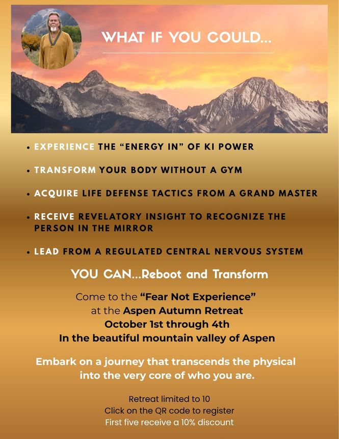 Promotional flyer with mountain sunset, meditation imagery, and text about a “Fear Not Experience” retreat.