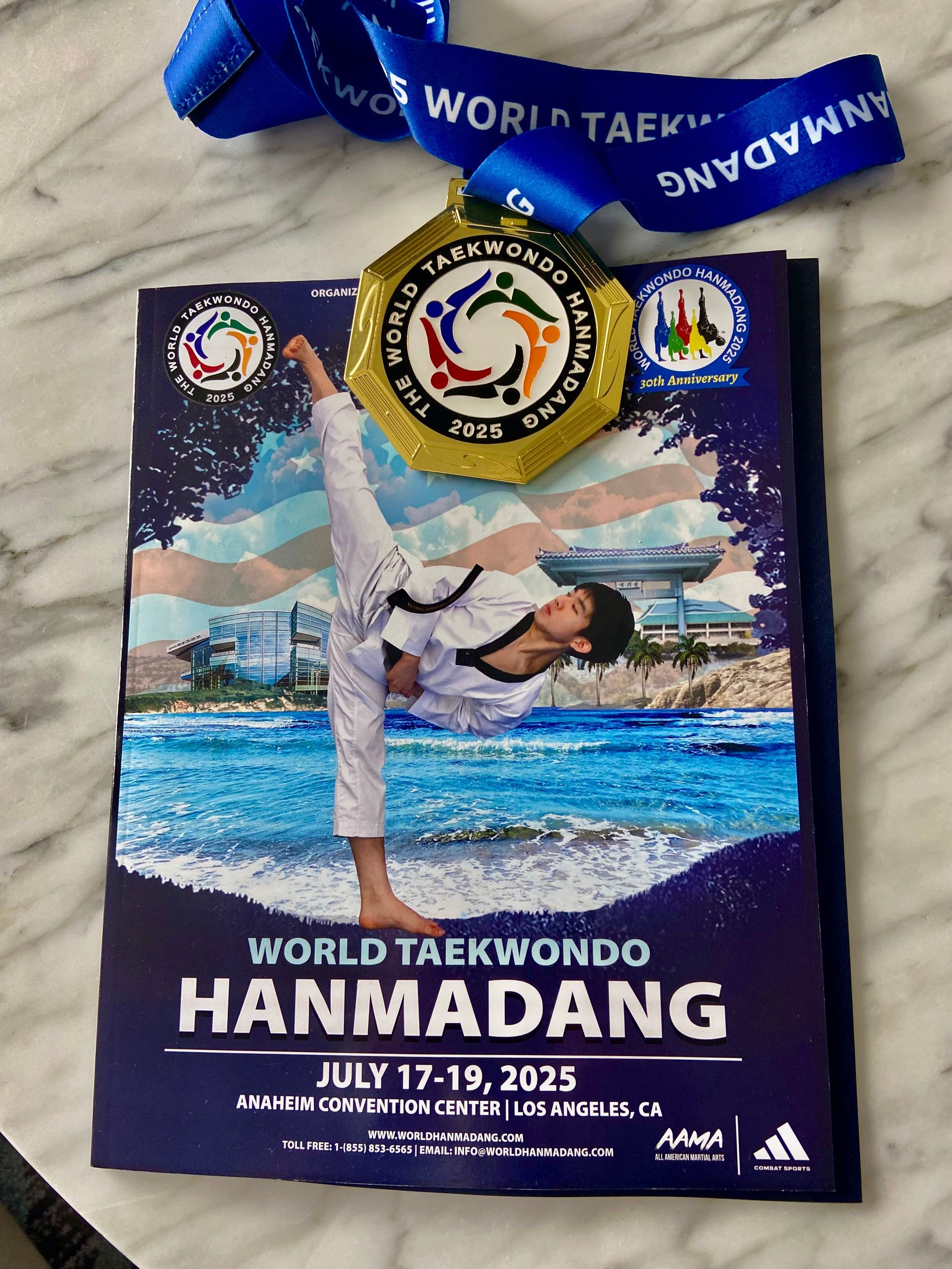 Taekwondo medal on event brochure, featuring a person in action, July 17-19, 2025 World Hanmadang.