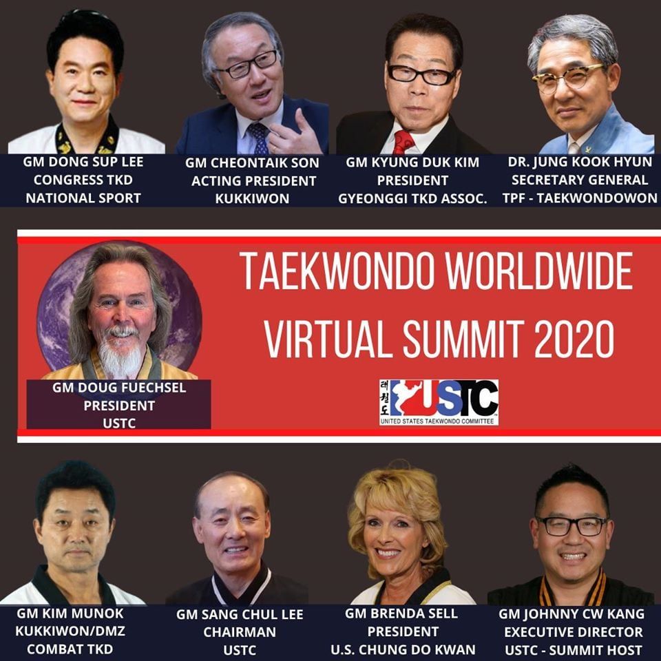 Taekwondo Worldwide Virtual Summit 2020: portraits of leaders with text about their positions, in front of a red background.