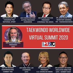 Taekwondo Worldwide Virtual Summit 2020: portraits of leaders with text about their positions, in front of a red background.