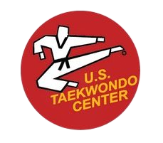 Taekwondo logo: White figure in a kick inside a red circle, with