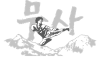 Black and white logo: martial artist kicking, mountains, gray Korean characters,