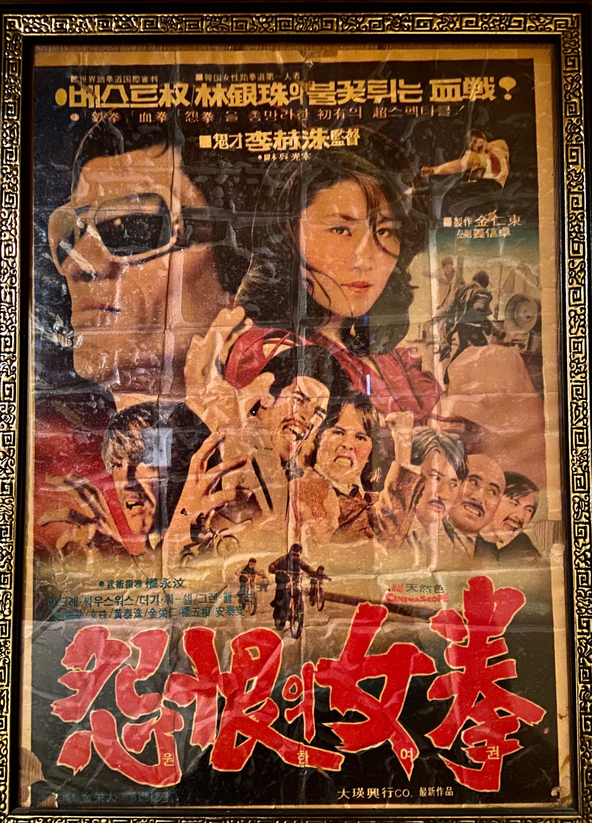 Movie poster with Chinese characters and portraits of people, depicting a woman in the center, and various action scenes.