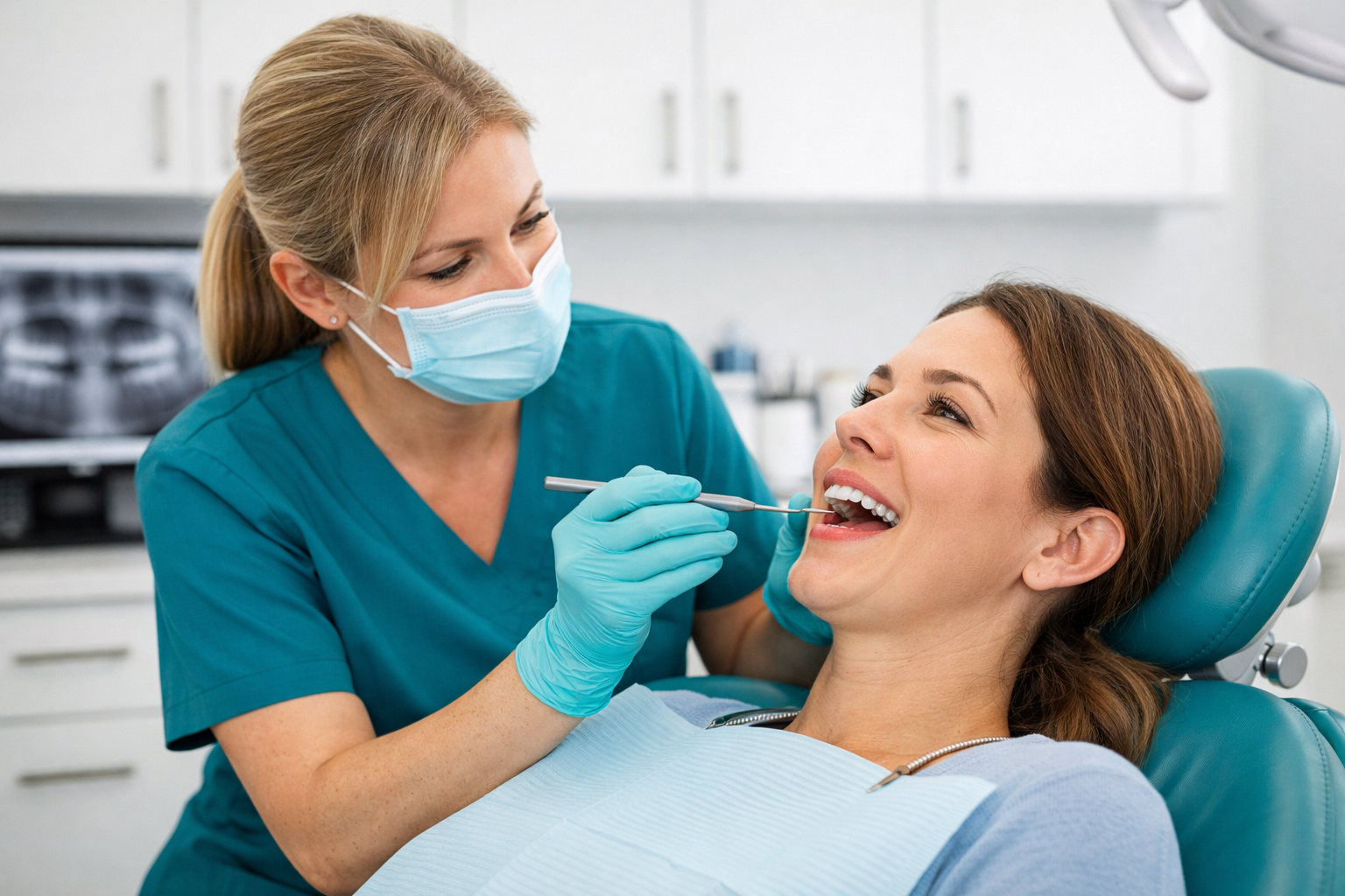 Dentist examining a patient's teeth in a dental office.