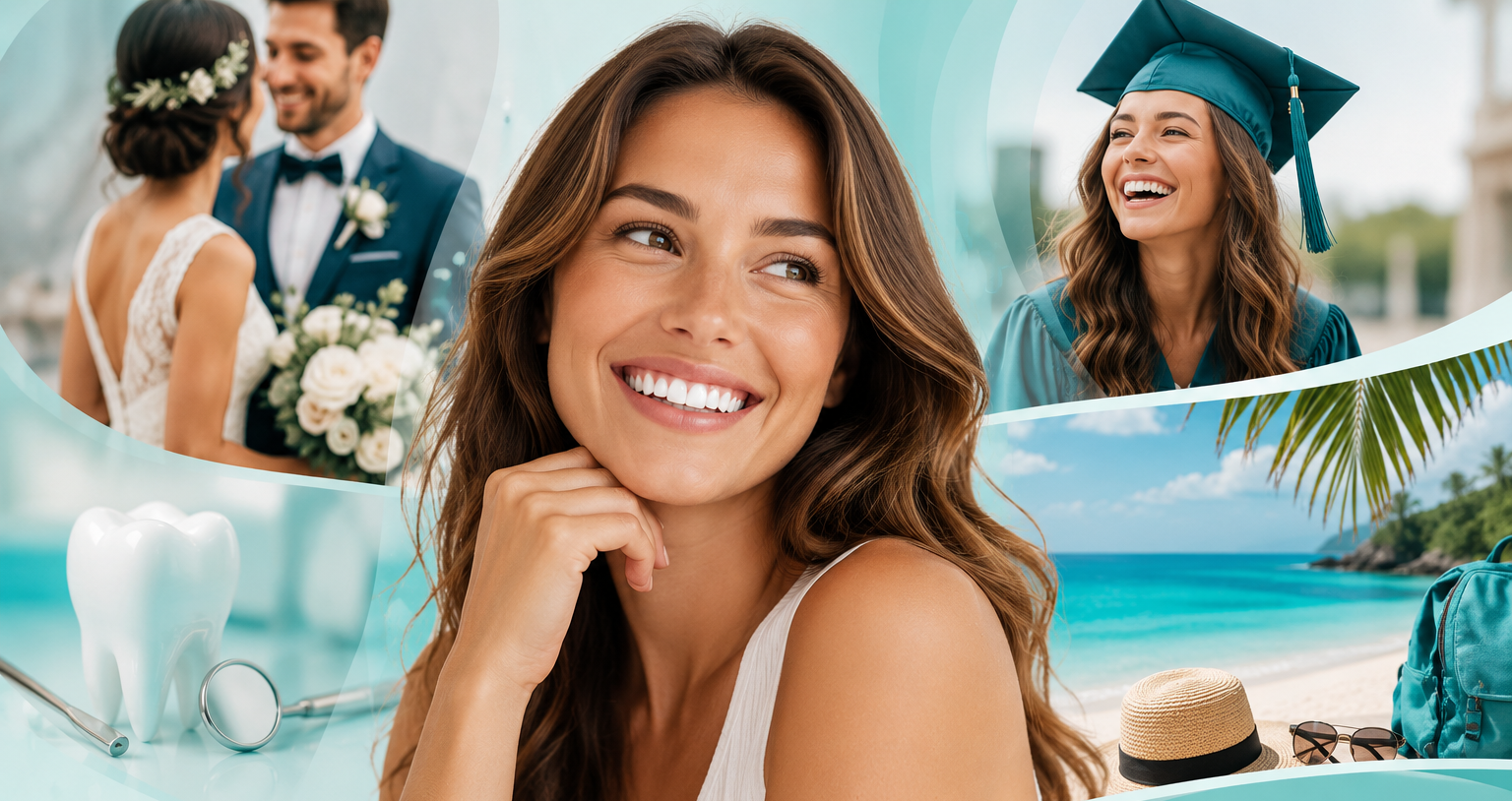 Wedding collage with smiling bride and groom, graduate in cap, beach scene, and bride holding flowers