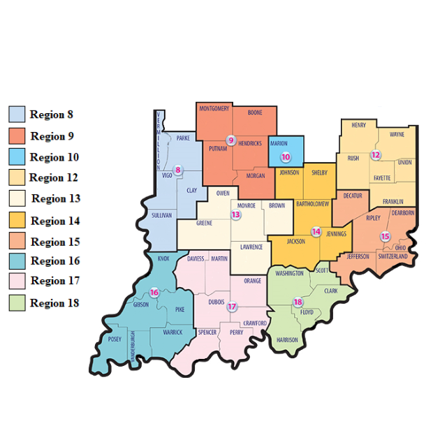 A map of indiana showing the regions 8 through 17