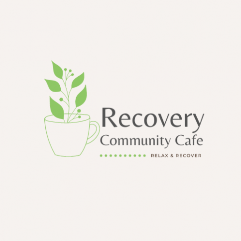 A logo for a recovery community cafe with a cup of coffee and leaves.