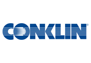 A blue and white conklin logo on a white background