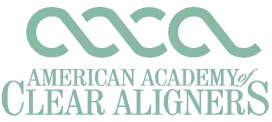 Logo of the American Academy of Clear Aligners with interlocking teal shapes and text.