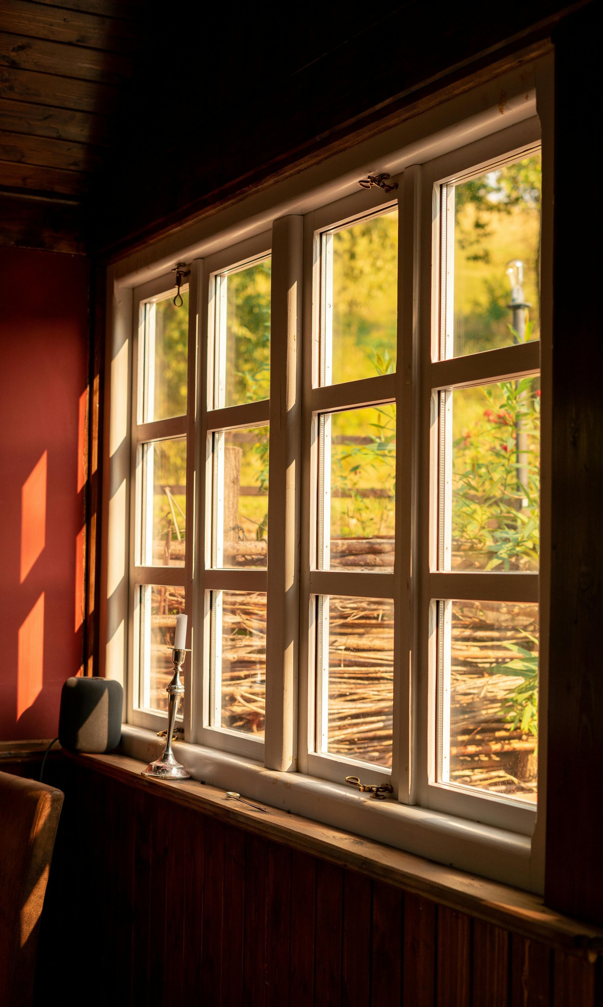 Sunlight streams through a white-framed window, casting shadows onto a red wall and wooden sill with a view of greenery.