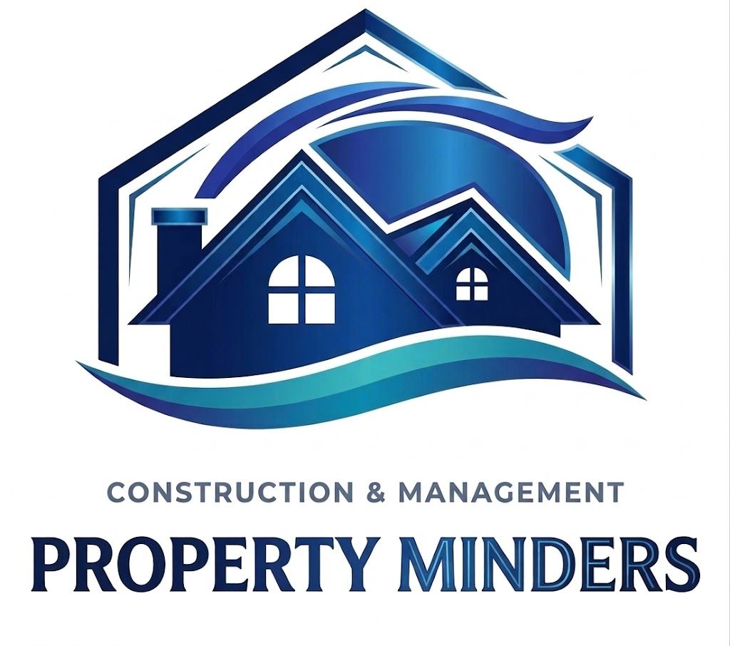 Logo for Property Minders: A blue house icon with waves, featuring the text "Construction & Management Property Minders."