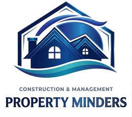 Logo for Property Minders: A blue house icon with waves, featuring the text "Construction & Management Property Minders."
