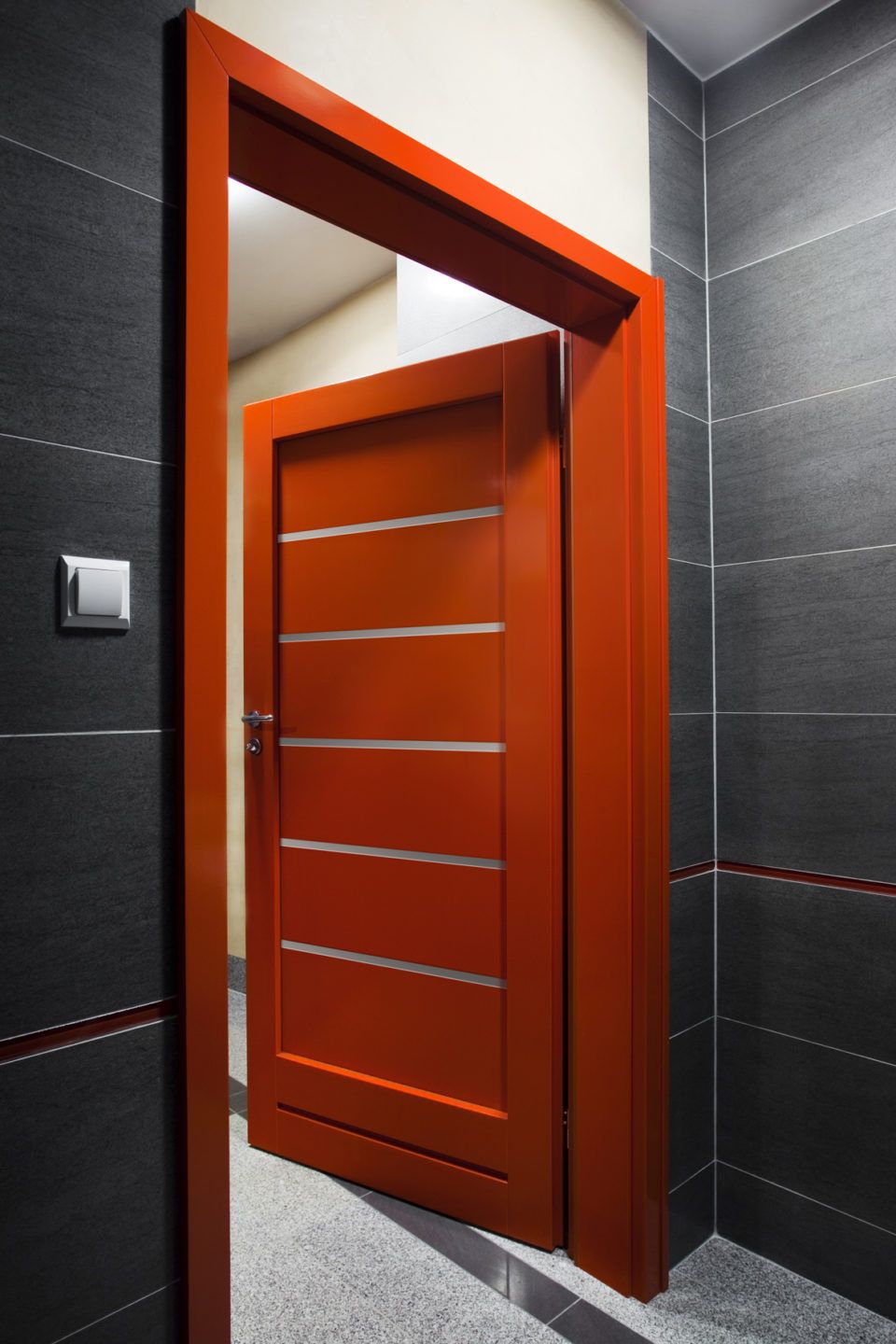 a red door with silver stripes on it