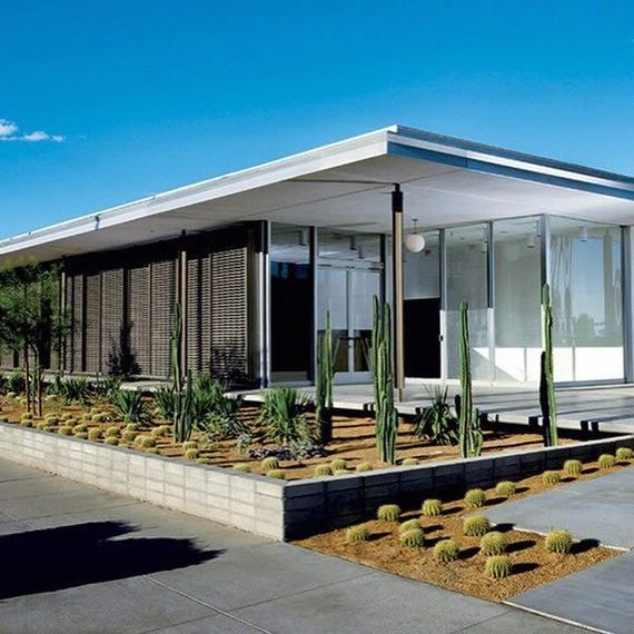 A house with a lot of windows and cactus in front of it