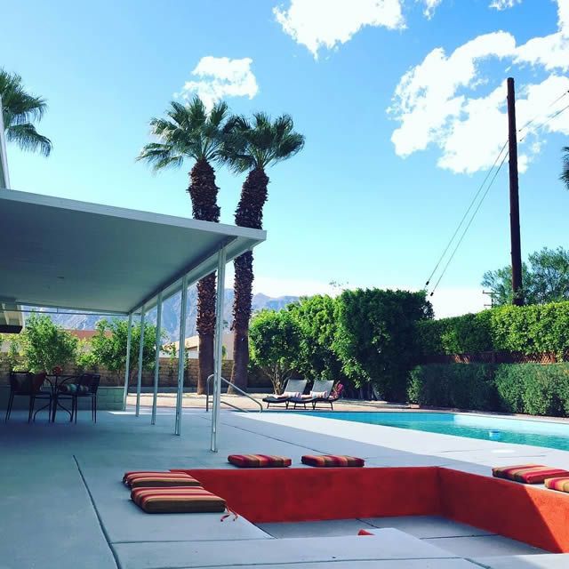 A patio with a swimming pool and palm trees