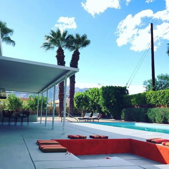 A patio with a swimming pool and palm trees