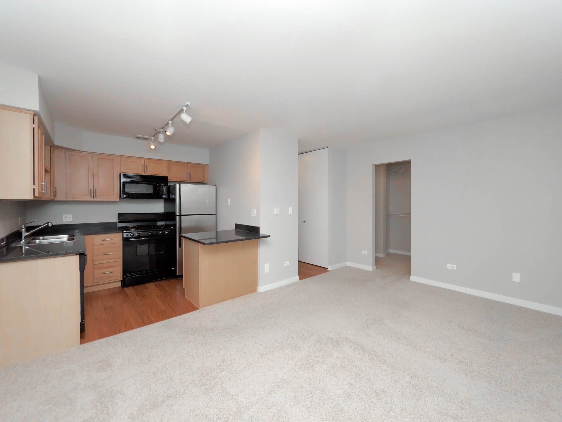 An empty apartment with a kitchen and a living room at Reside on Morse.