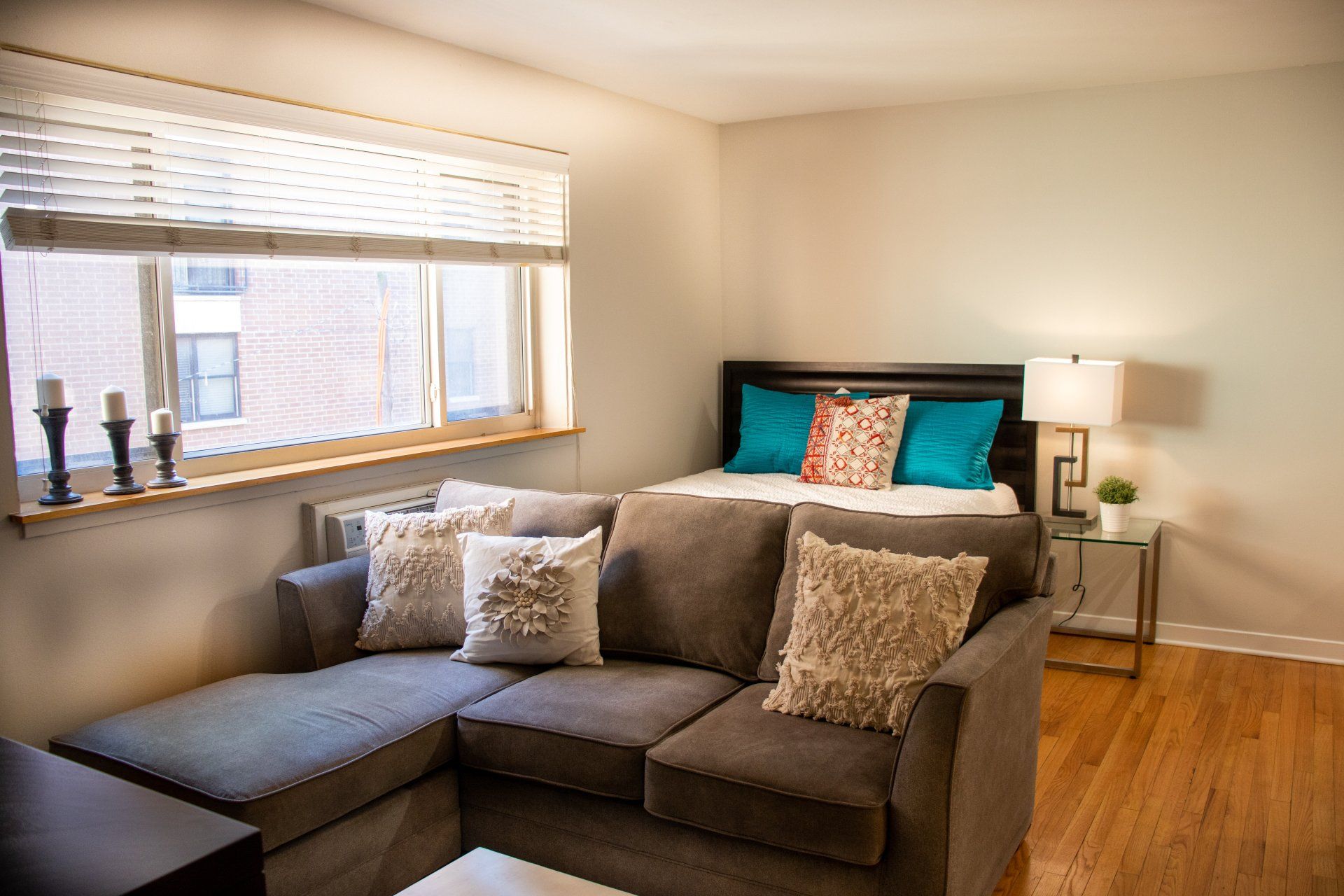 A living room with a couch, bed, and window at Reside on Morse.