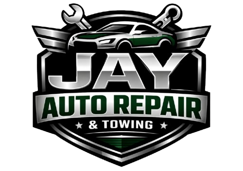 Logo for Jay Auto Repair & Towing: Silver car, wrench, shield, and text on a black and green background.