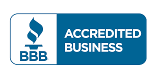 BBB Accredited Business logo: blue rectangle with torch icon, text 