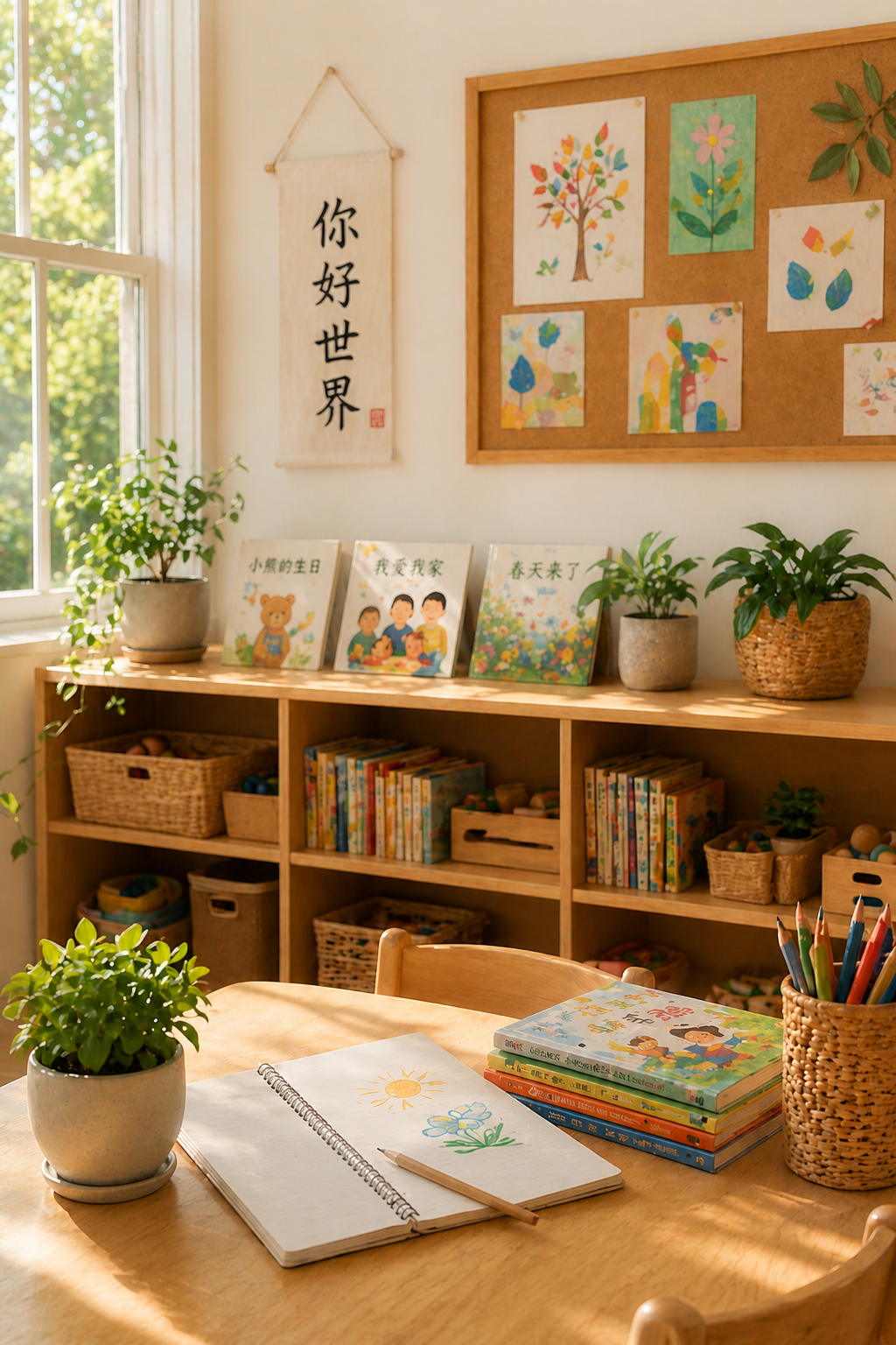 Sunlit classroom corner with wooden shelves, children’s art, plants, and an open notebook on a desk