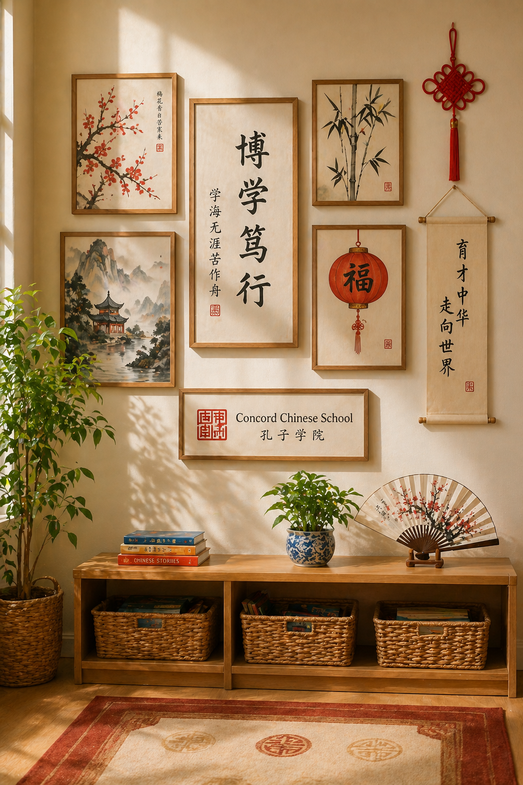 Cozy room with Chinese calligraphy wall art, potted plants, woven baskets, and warm decor on a shelf unit