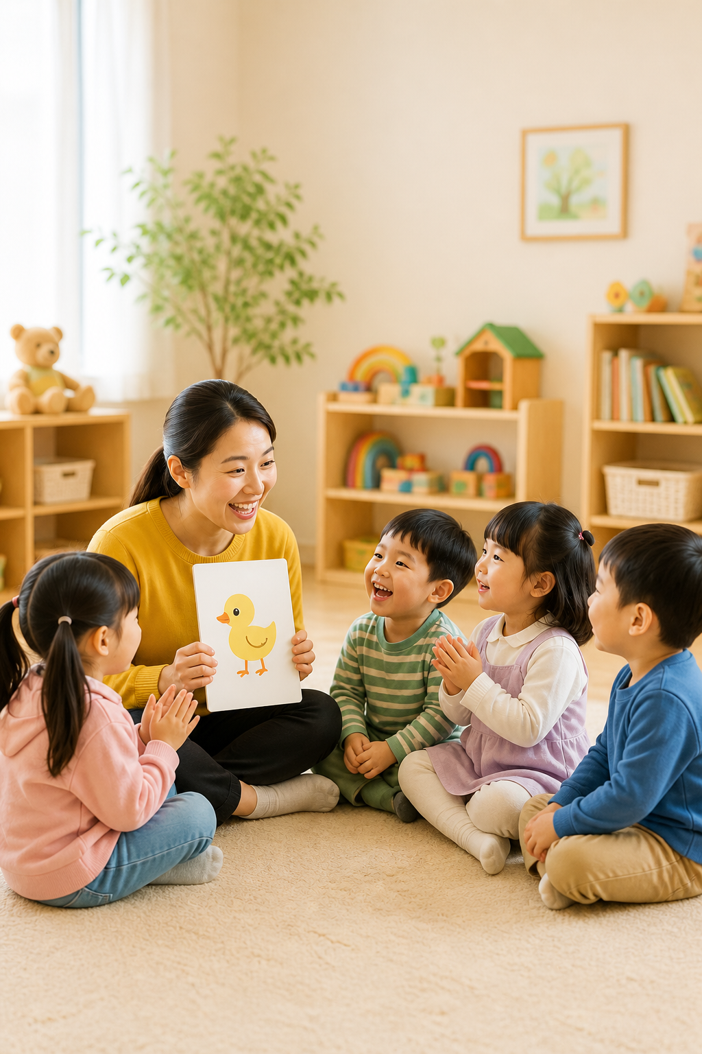 Teacher reading with four children in a cozy classroom, showing a picture card on the floor.