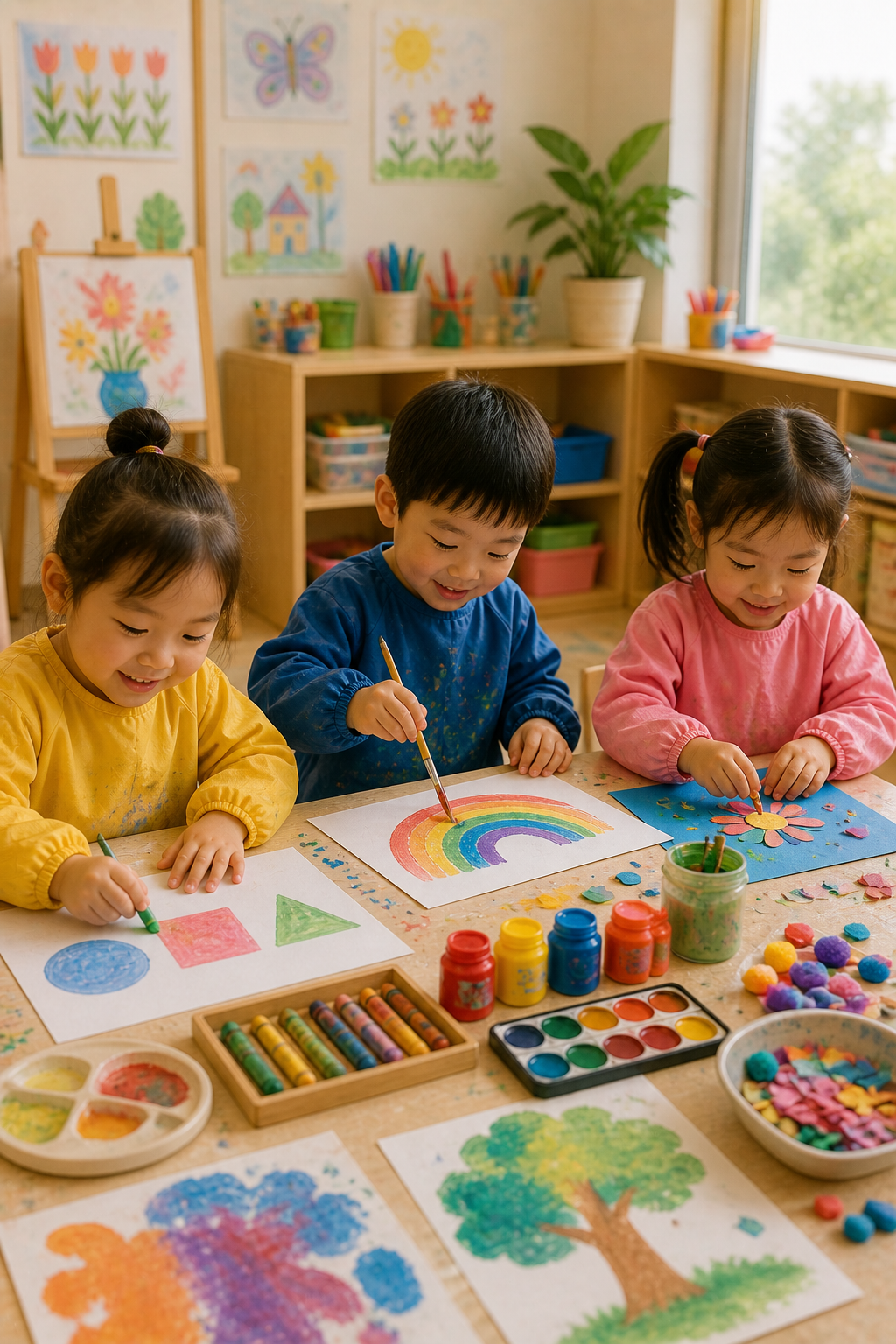 Three children painting colorful art at a table in a bright classroom with art supplies and plants.
