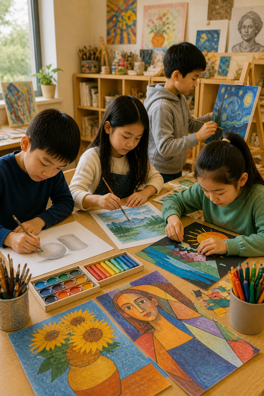 Children drawing colorful artwork at a table in an art classroom, with paints, crayons, and paintings on the walls