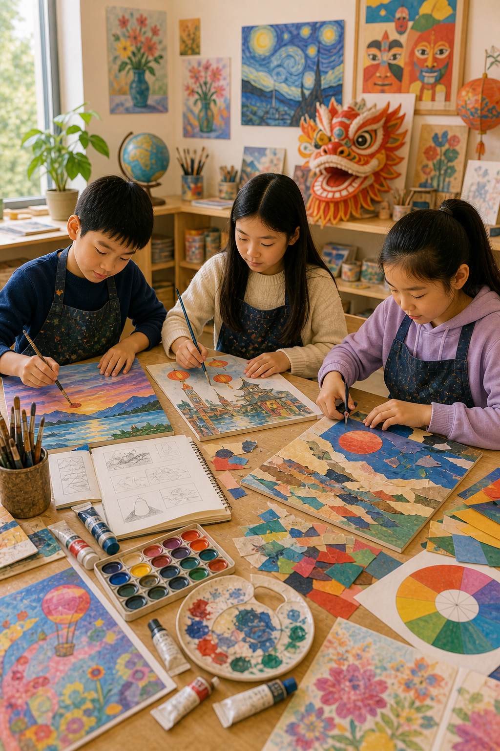 Children painting colorful artworks at a table in an art studio, with paintings and a dragon mask on the wall.