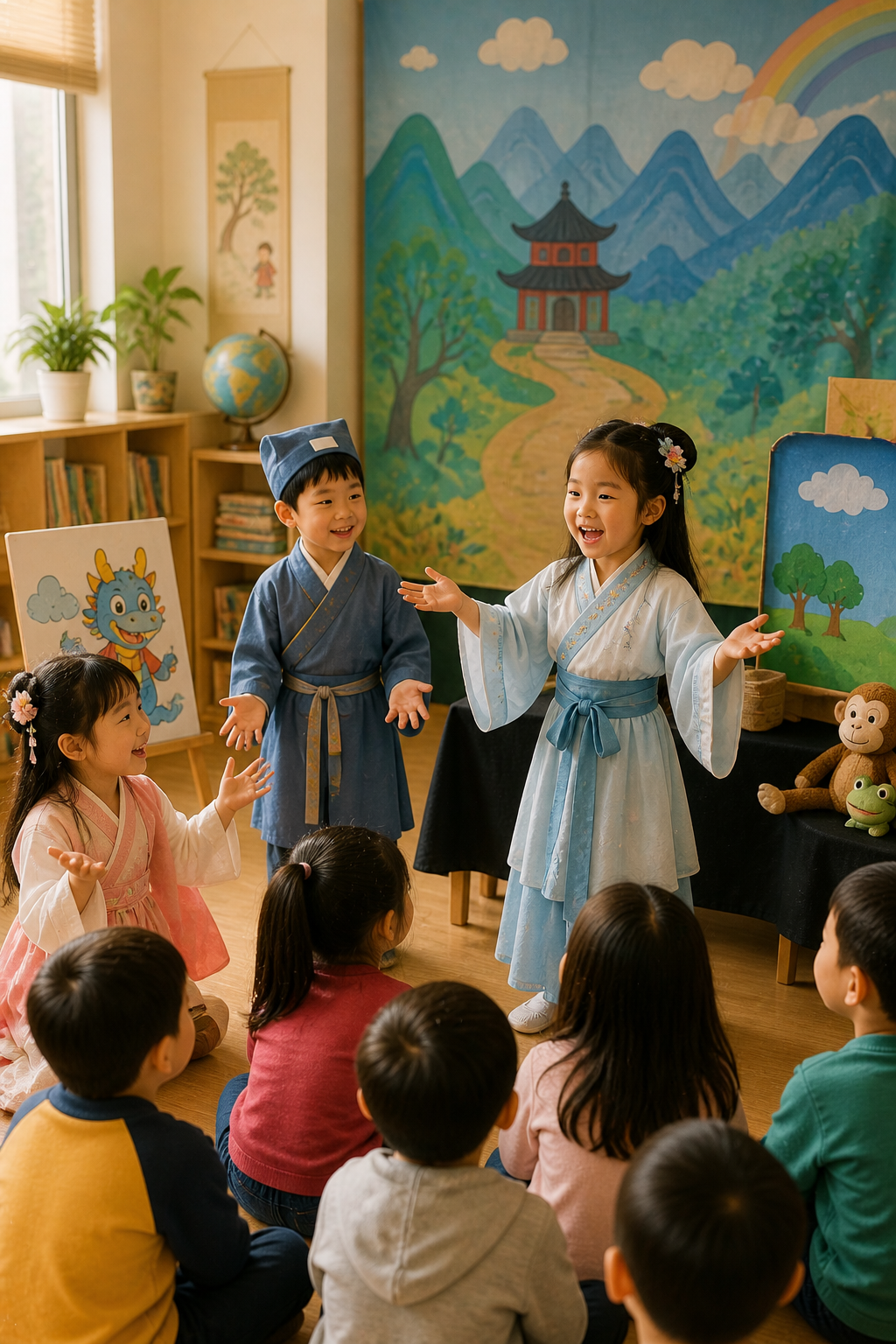Teacher and children perform in a colorful classroom with a painted mural backdrop.