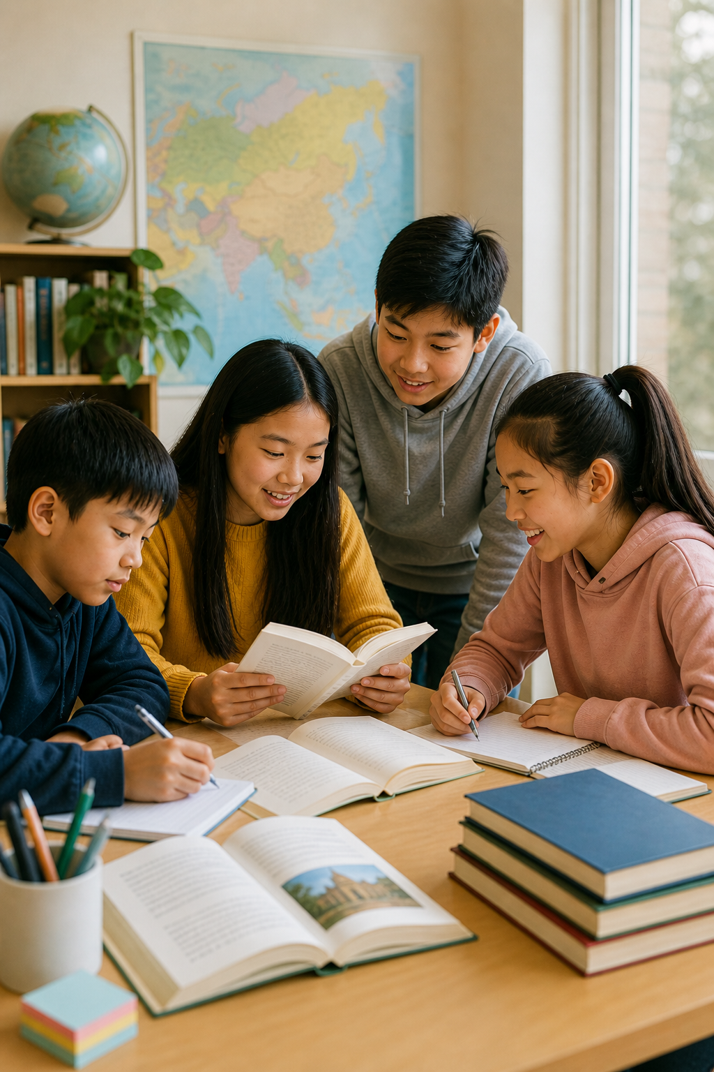 Students gathered around a table studying with open books in a bright classroom.
