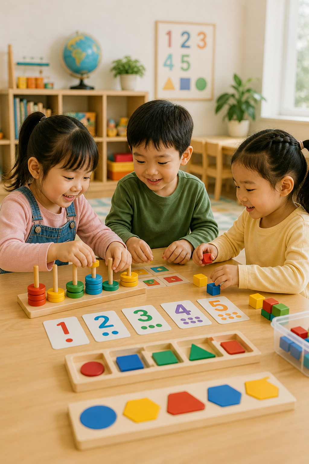 Children playing a colorful shape and number matching game at a table in a classroom.