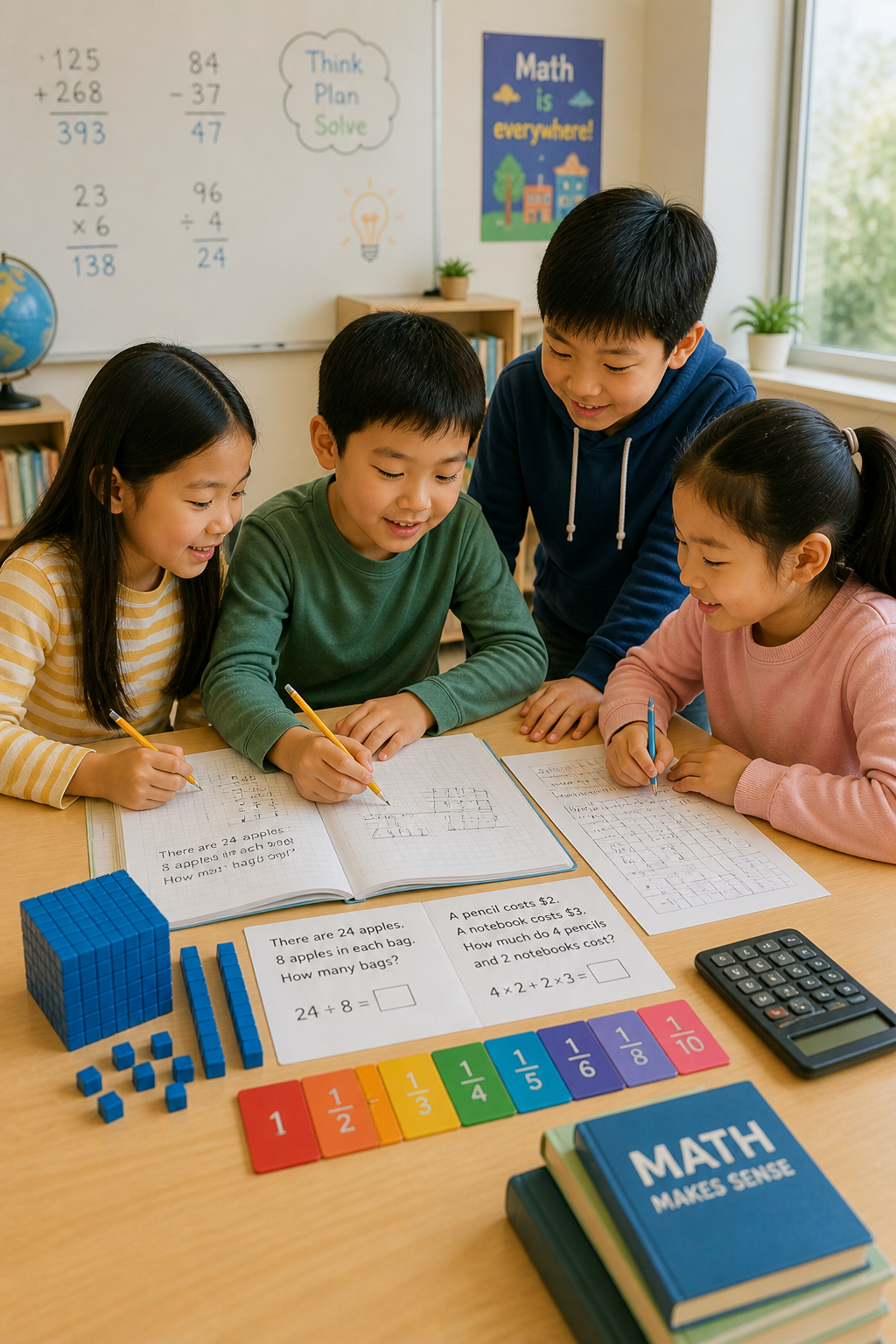Four children studying math together at a classroom table with worksheets, blocks, and a calculator