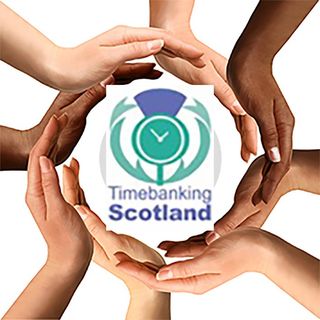 Image of a circle of supportive hands around Timebanking Scotland logo